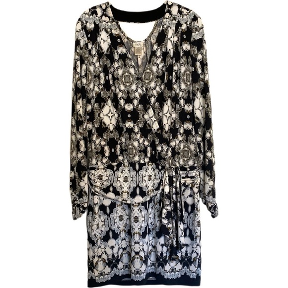 Cache Dresses & Skirts - Vintage CACHE Geometric Jewel Black White Gray Print Drape Dress Size M Cocktail